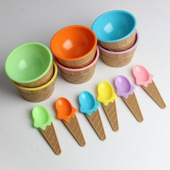 PEACNNG Kids Child Cute Cartoon Cone Ice Cream Bowl Spoon Set Plastic Dessert Tableware