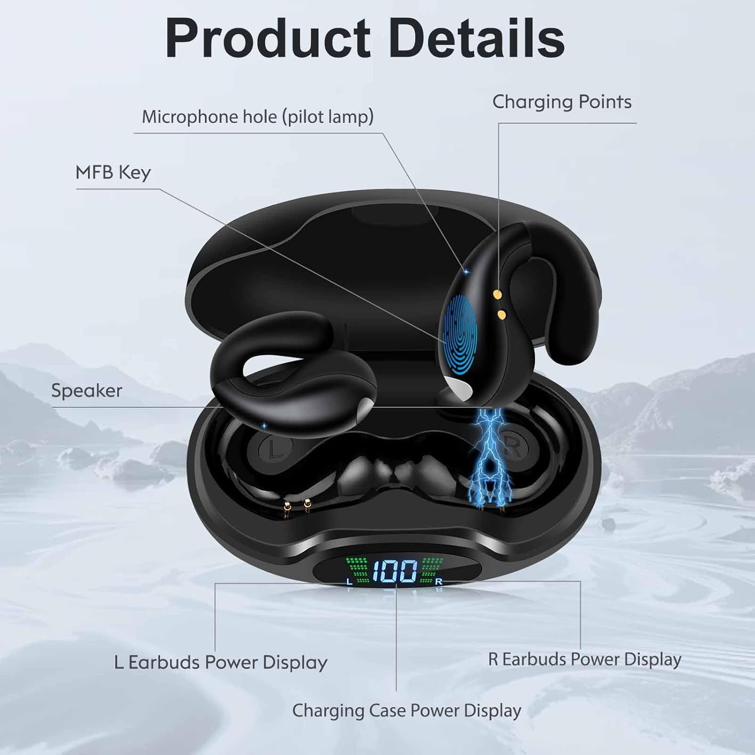 Open Ear Clip-On Earbuds, Wireless Bluetooth Headphones, Comfortable Wear Nice Secure Fit Earphones, Long Playtime, Digital Display Charging Case, Born for Sports (Black)