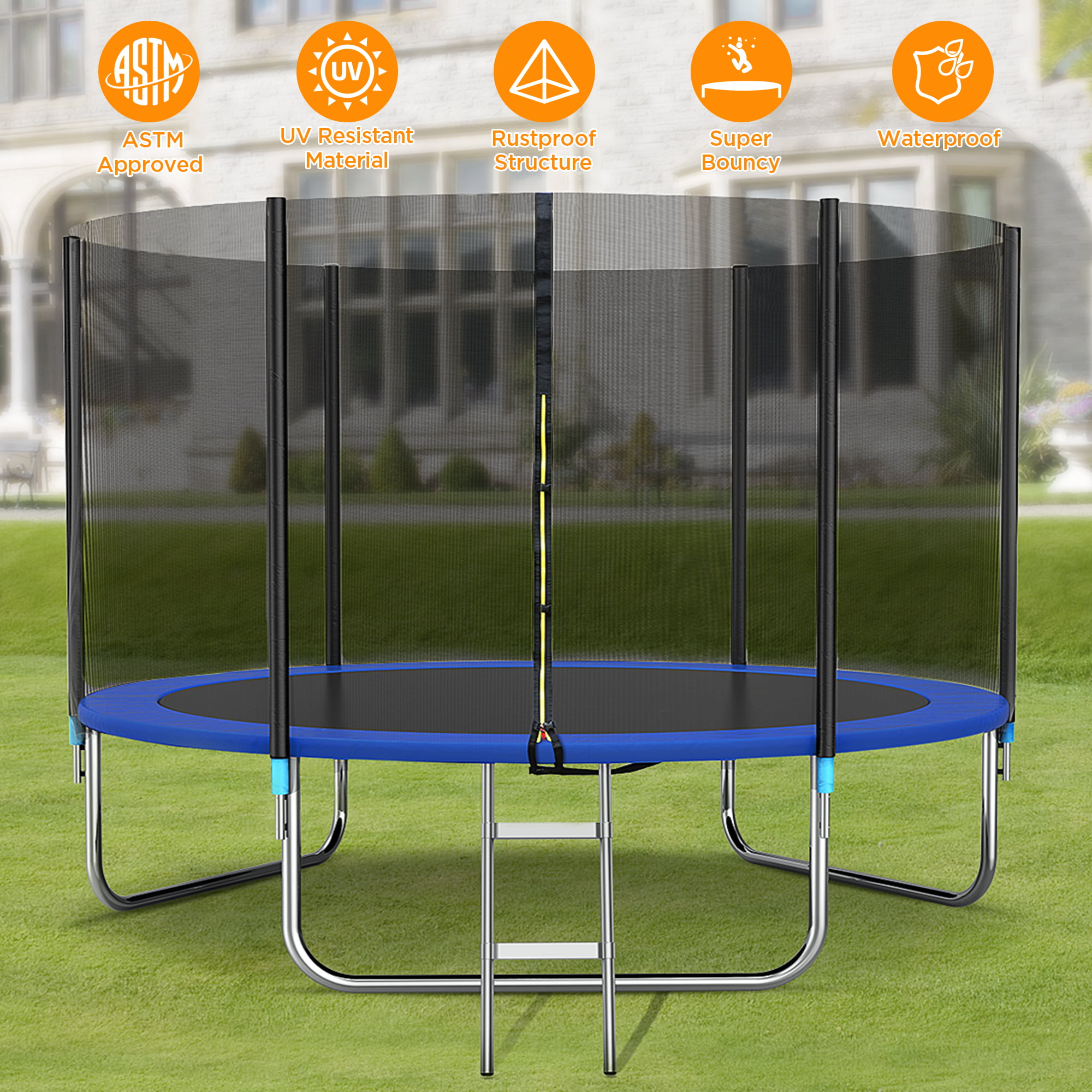 Trampoline Spring Pad,Waterproof Jump Mat & Ladder with Safety Enclosure Net Trampoline for Kids and Adult,10 12 15 FT Outdoor Trampoline Jump Recreational Trampolines 
