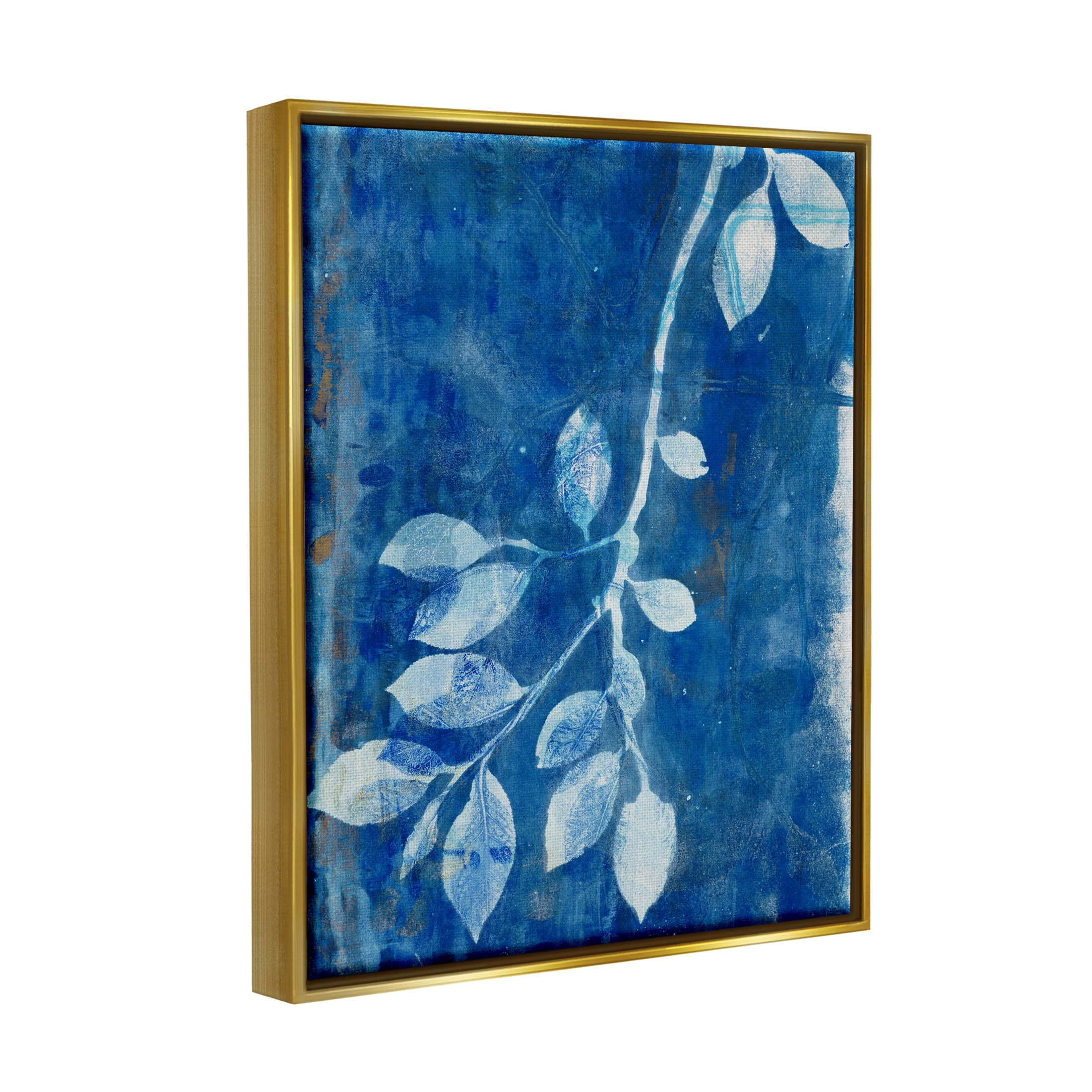 Stupell Industries Blue Botanical Leaves Graphic Art Metallic Gold Floating Framed Canvas Print Wall Art, Design by Liz St. Andre