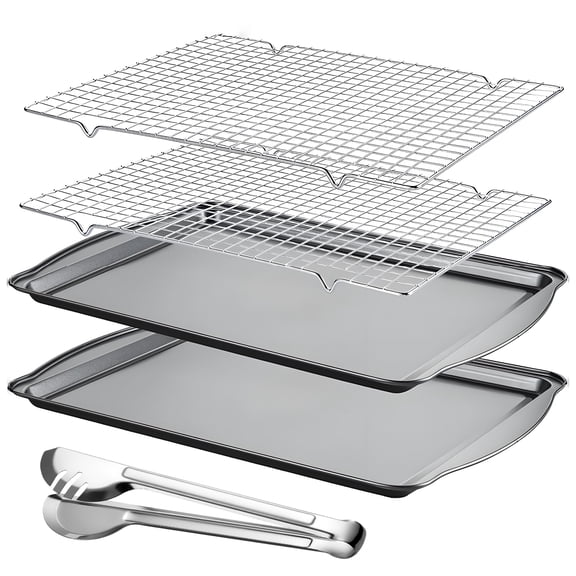 VEGCOO 4-Piece Baking Sheet with Cooling Rack Set, 2 Carbon Steel Nonstick Cookie Sheets 2 Stainless Steel Wire Racks, Heavy Duty Oven Pan for Cookies Bacon Bread, Dishwasher Safe, 17.3" x 11.8"