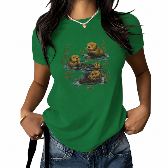 UNISHE Women's Adorable Otter Graphic T-Shirt Cute Cartoon Nature Tee Water Lily Summer White Top