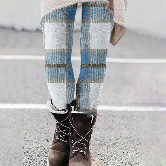 Women's Plaid Leggings High Waist and Tummy Control Yoga Pants for Gym Fitness Light Blue XXL