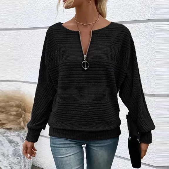 Ahabrexf Fall Sweaters for Women, Solid Round Neck Long Sleeve Casual Blouse Shirt Top
