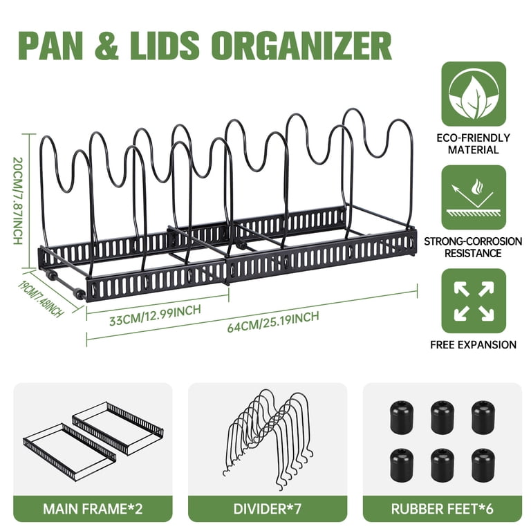Wudkey 1 Tier Black Expandable Pots And Pans Organizer Under Cabinet, Adjustable Height Kitchen Pot And Pan Lid Holder Rack