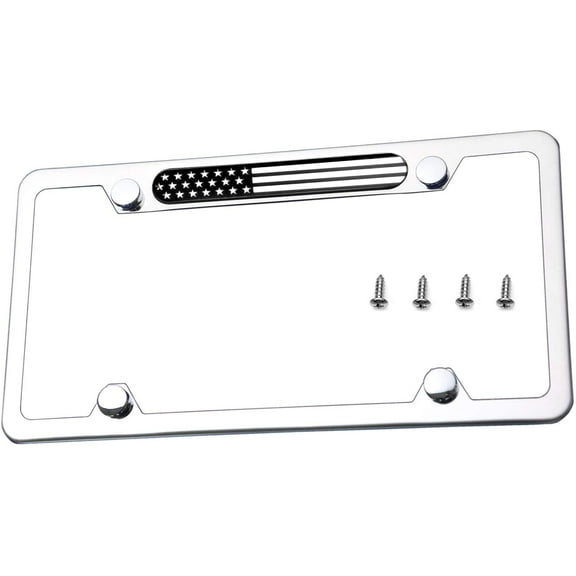 Stainless Steel Polished Mirror License Plate Frame American (Black Chrome Flag)