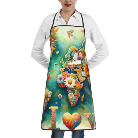 

Qekee Colorful World Map Print Adjustable Bib Apron Resistant with Pocket Cooking Kitchen Aprons for Women Men Server Chef Apron
