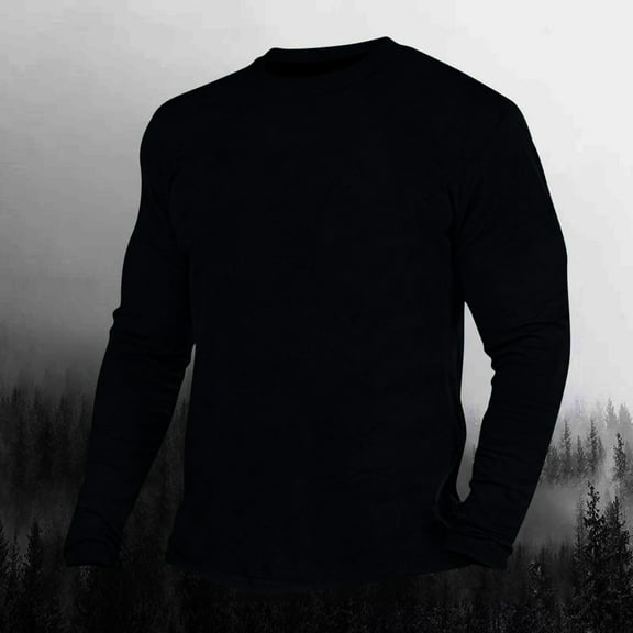 Mens Tops Plus Size Long Sleeve Round Neck Casual Pullover Solid Blouse Black M