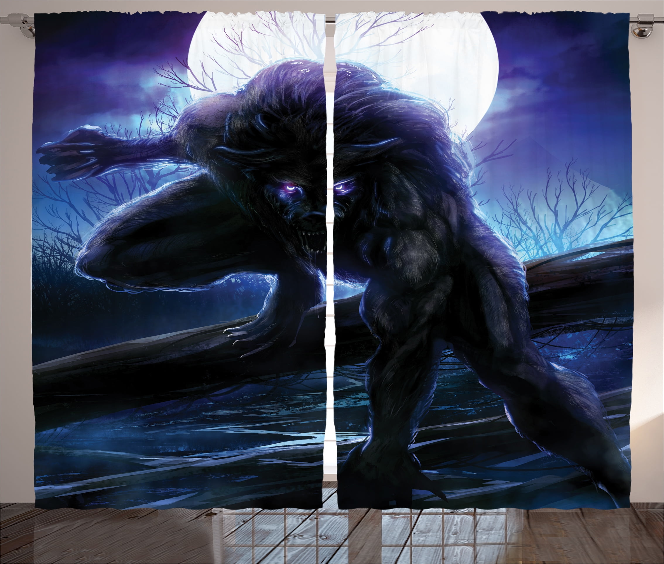Fantasy World Decor Curtains 2 Panels Set, Surreal Werewolf Electric