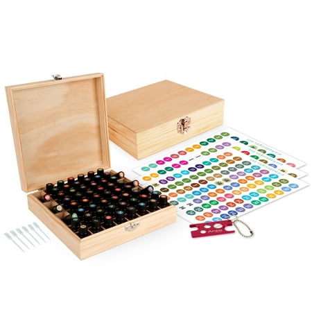 Wood Essential Oil Box Organizer - Holds 52 (5-15 ml) & 6 (10ml Roll-On) Essential Oil Bottles - Includes Labels, Bottle Opener Tool, and
