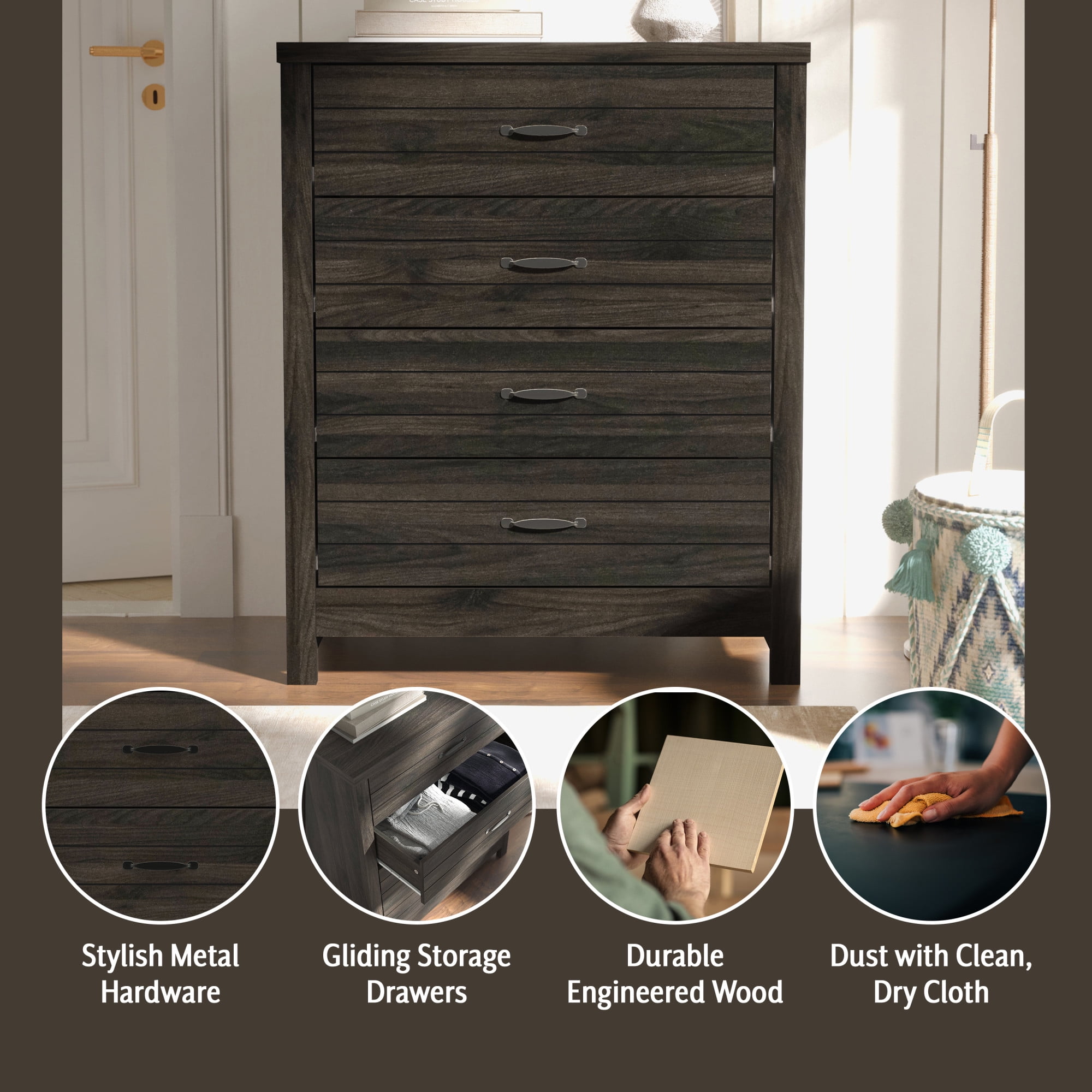 Lancaster Wood 4 Drawer Dresser, Espresso, by Hillsdale Living Essentials