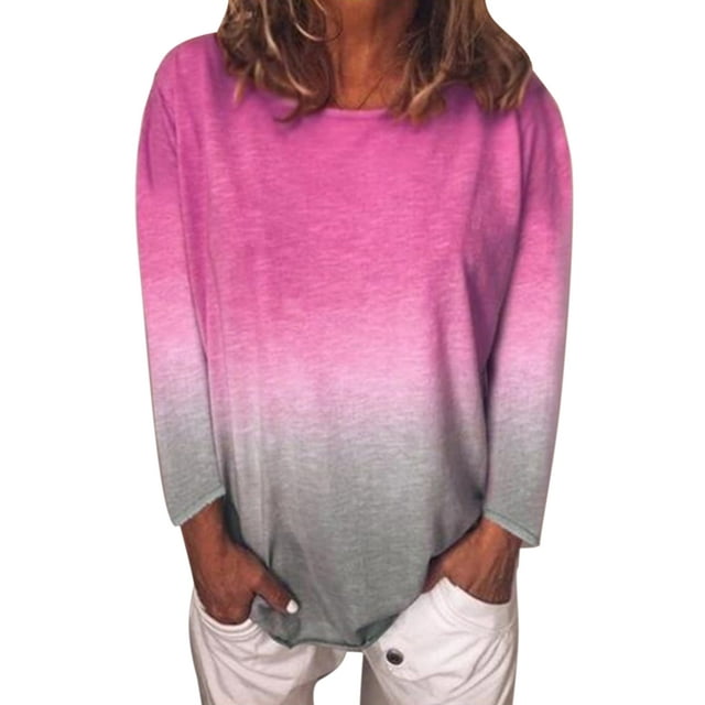 Daeful T-shirt Femme Dégradé Tee Automne Manches Longues T-shirt Ample Rose Rouge 3TG