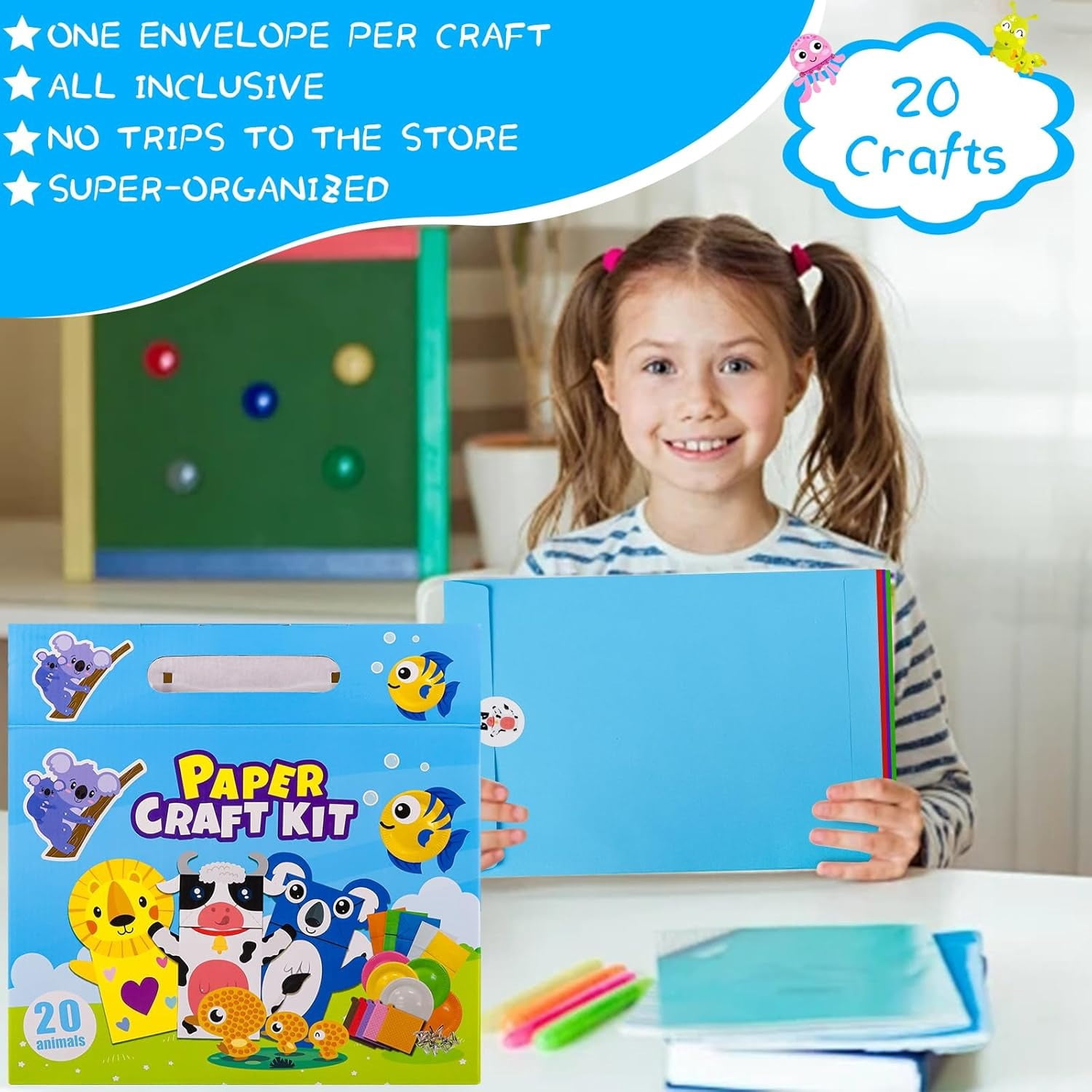 20 Animal Arts & Crafts Kit for Kids 4-6, All-Inclusive Toddler Craft Box with Paper Plates, Puppets, Fun Activities, Tigers, Lions (134 Characters) (Animal)