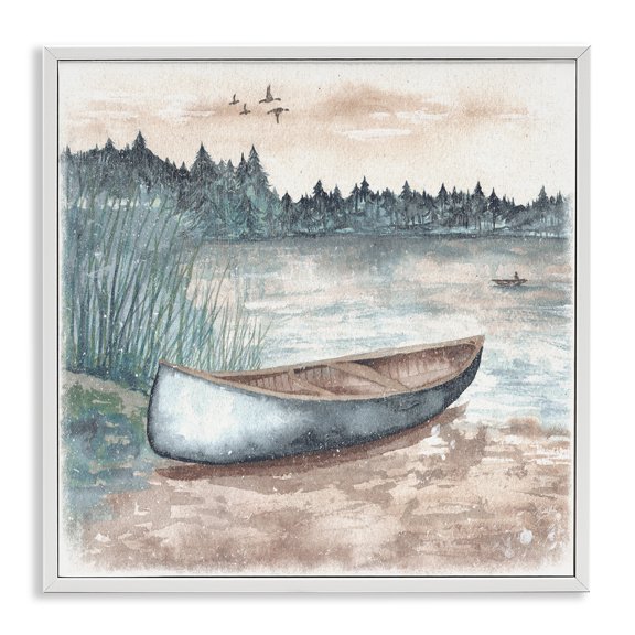 Stupell Industries Canoe on Lake Shore Landscape Painting White Framed Art Print Wall Art, 24 x 24