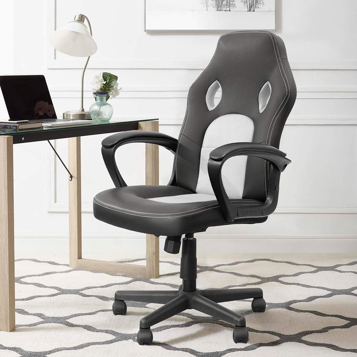 Lacoo Faux Leather Computer Gaming Chair Office Desk Chair with Lumbar Support, White