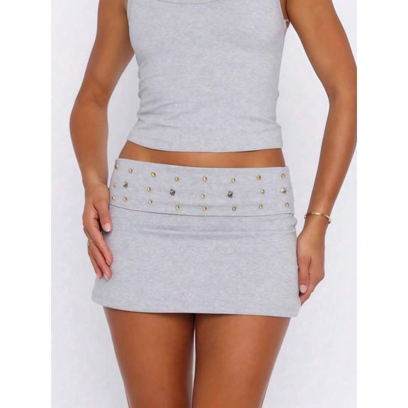 Y2K Low Rise Studded Bodycon Mini Skirt, Stretchy Fold Over Micro Short Skirt, Slim Fit Bottoms For Party Club Concert Street Going Out Wear