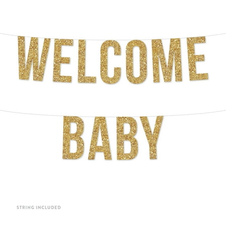 Mini Banner String - Gold Welcome Baby Real Glitter Paper Pennant Hanging Banner Includes String No Assembly Required