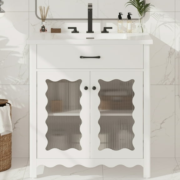 Euroco 31" Bathroom Vanity with Tempered Glass, Modern Bathroom Cabinet with Rubber Wood legs and Soft close Doors, White
