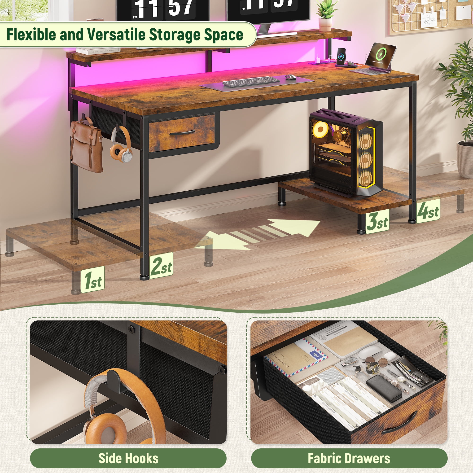 Romorgniz Computer Desk with Power Outlet & Fabric Drawer, Adjustable Gaming Office Desk with LED Lights & CPU Stand for Small Spaces, Rustic Brown