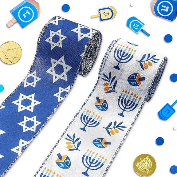 2Roll Hanukkah Ribbon for Wreath Bow Wrapping Gifts,White Blue Chanukah Star Ribbon 10Yd Each