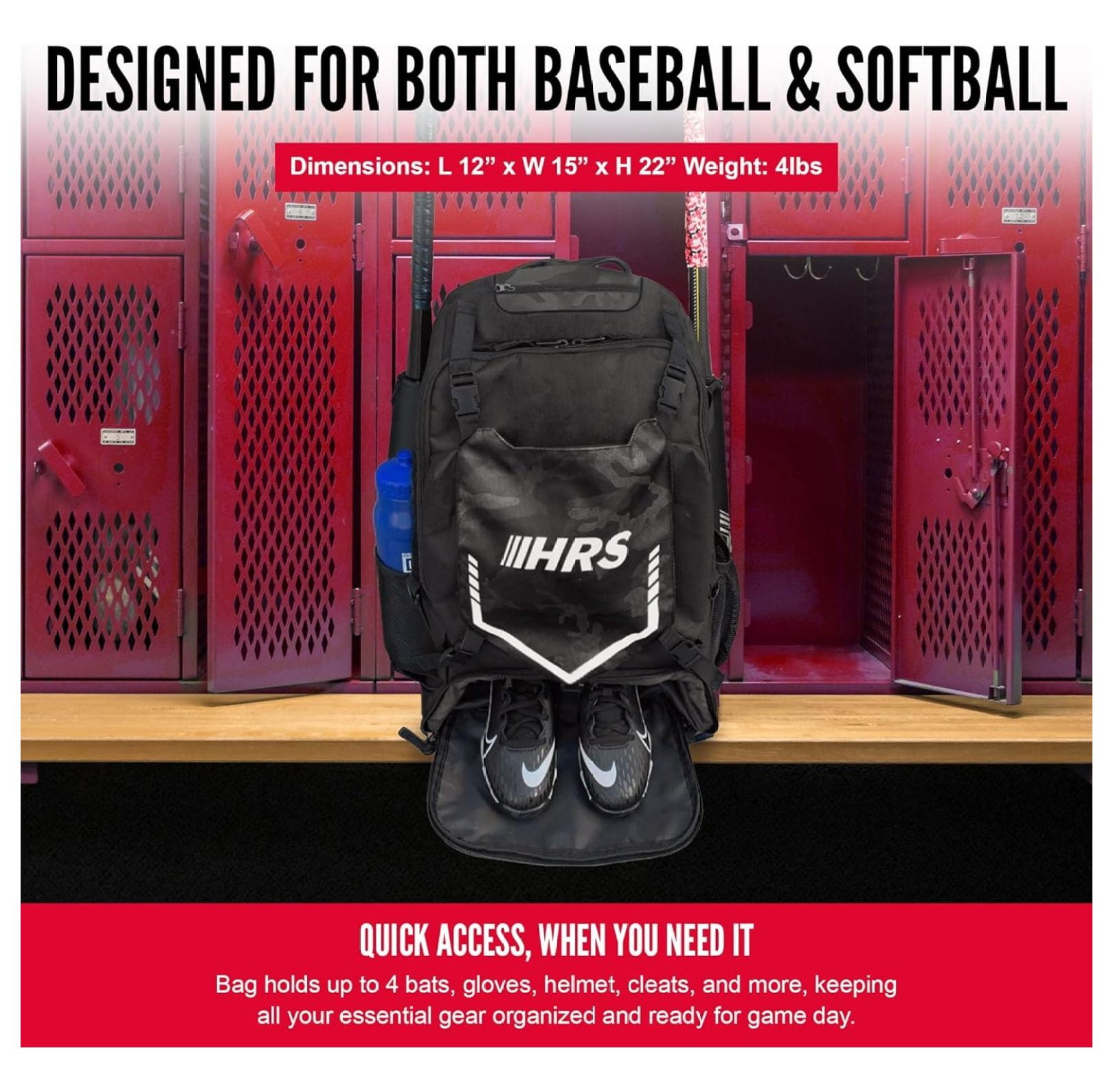 Baseball Bag, Softball Bat Bag for Youth & Adult. Holds 4 Bats, Glove, Water Bottle, Shoe Compartment, Helmet, Fence Hook for Equipment & Gear