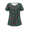 thumbnail image 7 of Women's Blouses Top Fashion Spring Floral Print Casual Shirts Summer Short Sleeve T-Shirt Pleated Non-positioned Printed Blouse Round Neck Loose Pullover Top Army Green M, 7 of 7