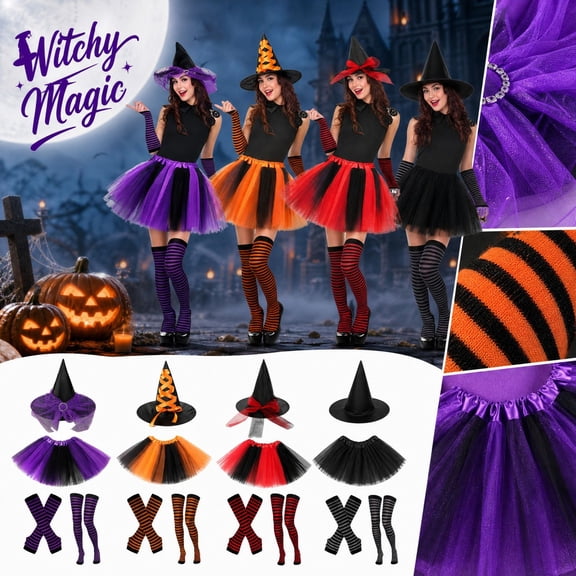 IAJDKMEK Halloween Costume for Women, Witch Outfit Set with Hat Socks Gloves and Skirt