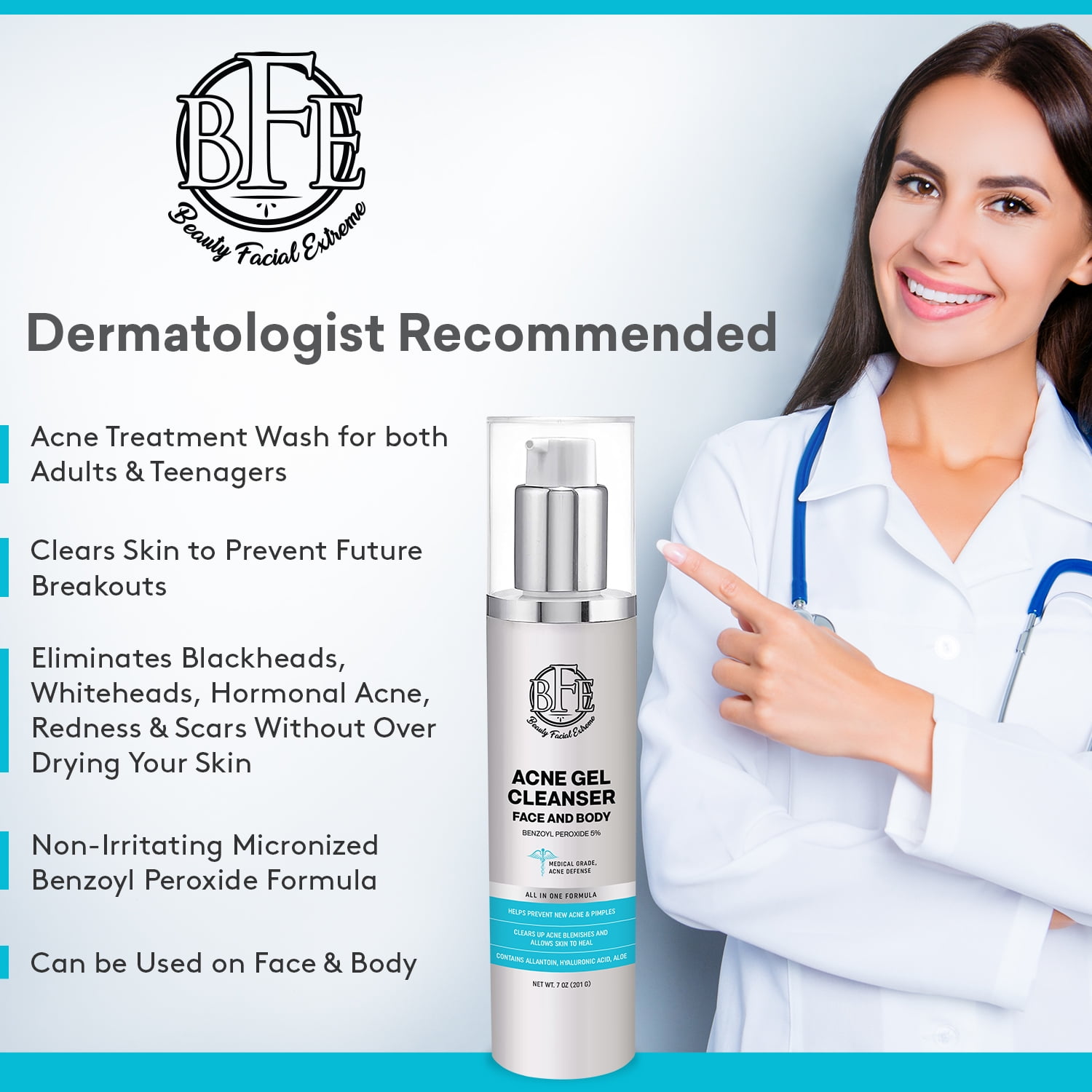 Acne Face Wash Treatment with Benzoyl Peroxide 5 Precent - Fight Acne Blemishes on Contact for Cystic Breakouts, Oily Skin, Clogged Pores, Blackhead, Whitehead & Pimples