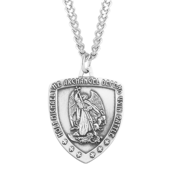 Saint Michael Sterling Silver Shield Medal, Patron Saint of Police & Law Enforcement, 24" Rhodium Plated Stainless Steel Chain, Deluxe Gift Box