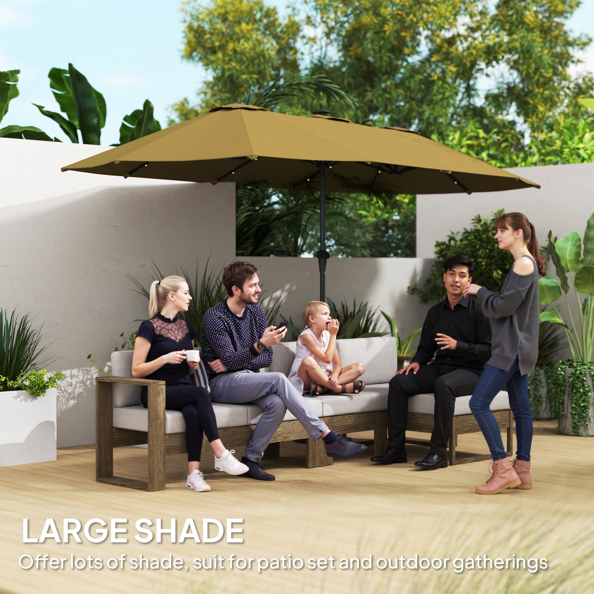 Outsunny 13' Large Patio Umbrella with Solar Lights, Double-Sided Outdoor Market Umbrella with Crank, 48 LED Lights for Garden, Pool, Yard, Khaki