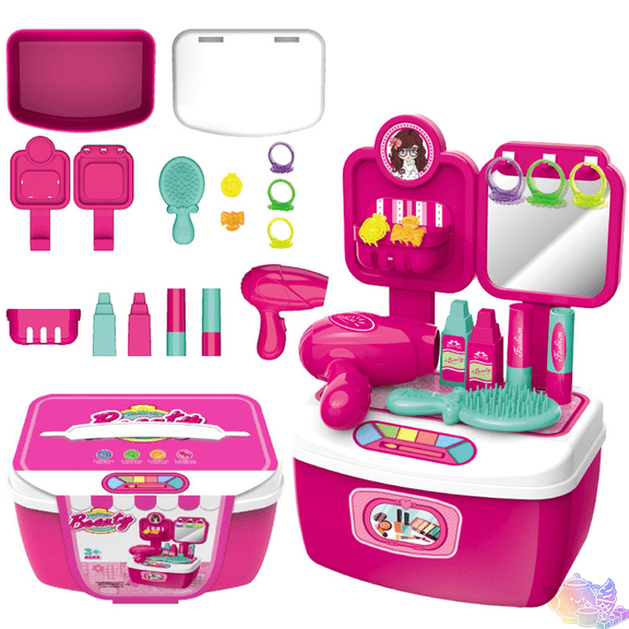 Portable Pretend Beauty Salon Vanity Playset with Storage Case, Hair Dryer Mirror and Assorted Hair Styling Accessories, Dress Up Pretend Play House Toys, Stylist Role Play Toy for Kids Ages 3 and Up
