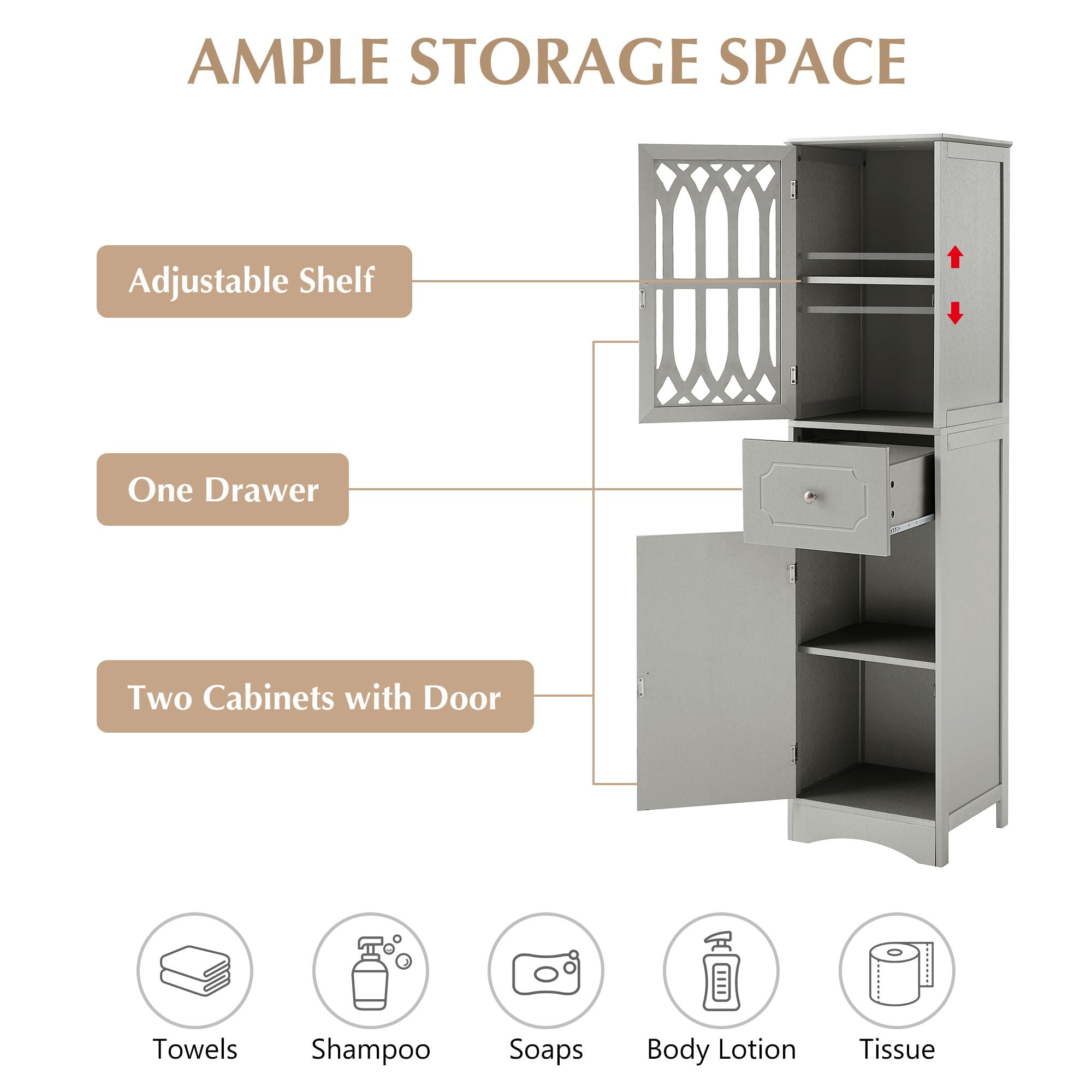 DEALTOPS Modern Bathroom Cabinet with Drawer and 2 Cabinets, Slim Freestanding Storage Cabinet with adjustable shelf for Bathroom - Gray