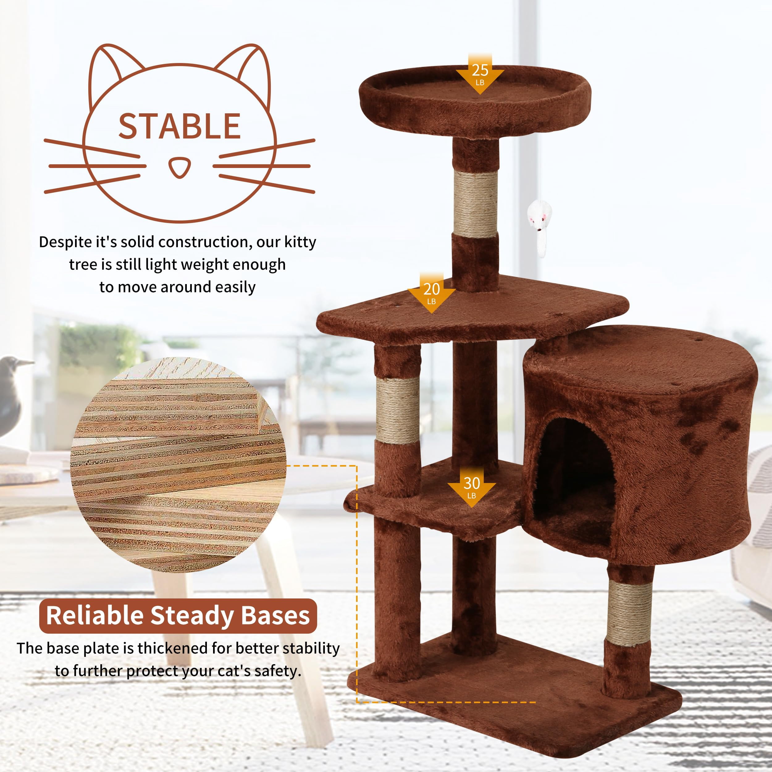 NiamVelo 36 Inch Cat Tree Cat Tower for Small Cats, Plush Multi-Level Cat Condo with Scratch Post Kittens Playhouse Furniture Set, Brown