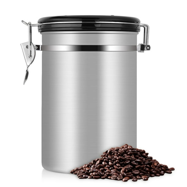 Contenedor de café grande hermético de acero inoxidable, recipiente de almacenamiento de cocina negro (plata, 1,8 l)