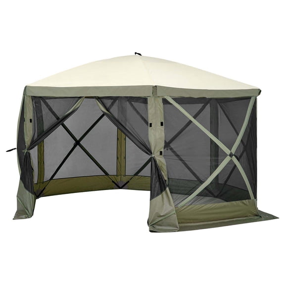 Pop Up Gazebo Tent 12x12FT, 6 Sided Screen Canopy Shelter with Privacy Cloths & Mesh, Quick Set Camping Tent with Mosquito Netting, Army Green