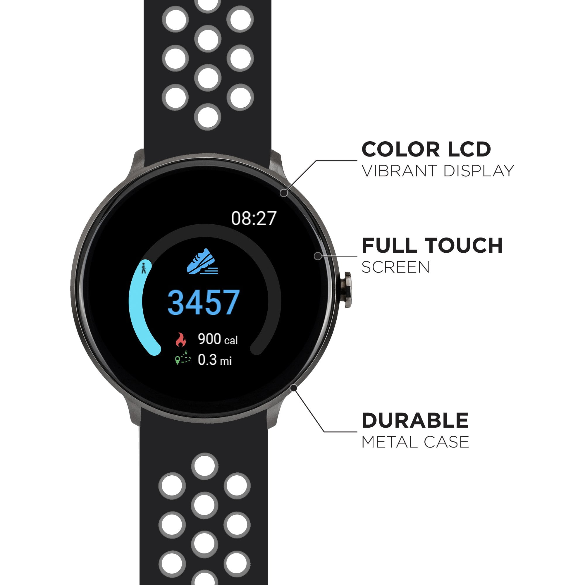 iTouch Sport smart watch, compatible with Android & IOS 43mm, unisex, black & grey perforated band