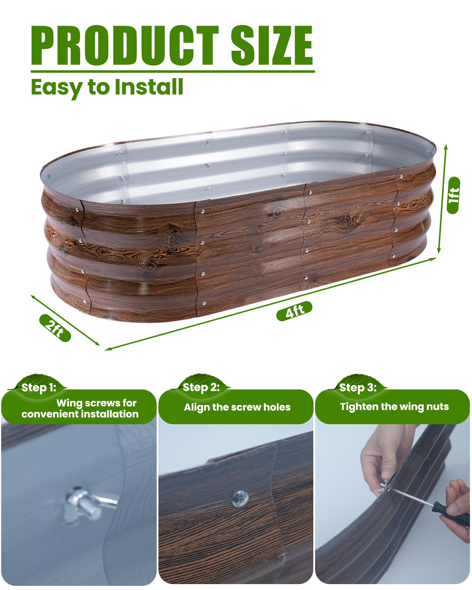 Bloyapix 4x2x1ft 2Pcs Galvanized Raised Garden Bed Outdoor, Oval Galvanized Planter Boxes, Metal Patio Planting Bed Kit for Vegetables Flowers, Brown