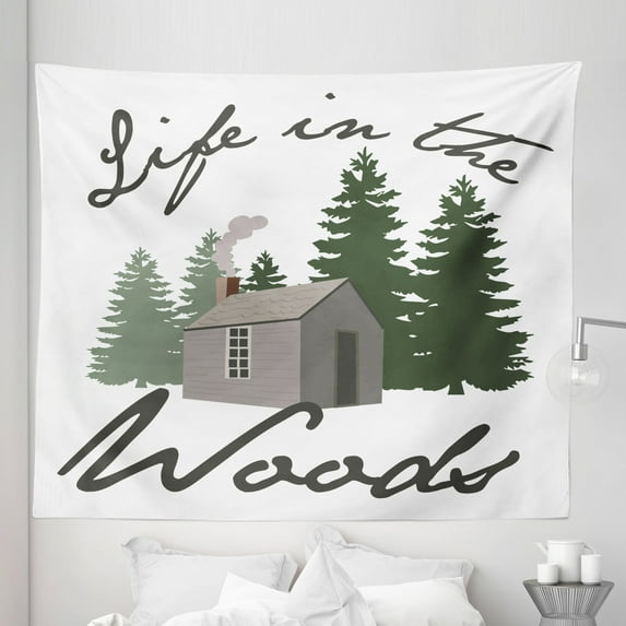 Log Cabin Tapestry, Image of a Rustic Lodge in a Forest with Life in the Woods Message, Fabric Wall Hanging Decor for Bedroom Living Room Dorm, 5 Sizes, White Emerald Grey Teal, by Ambesonne