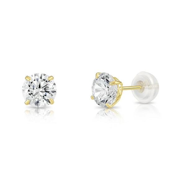 Tilo Jewelry 14K Yellow Gold Solitaire Round CZ Stud Post Earrings with Comfortable Silicone-backs | 6mm | Classic Everyday Earrings | Women, Men, Unisex