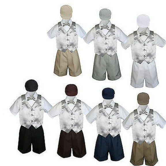 5pc Boy Toddler Formal Silver Vest Bow Tie Black Khaki Gray Navy Hat Shorts S-4T