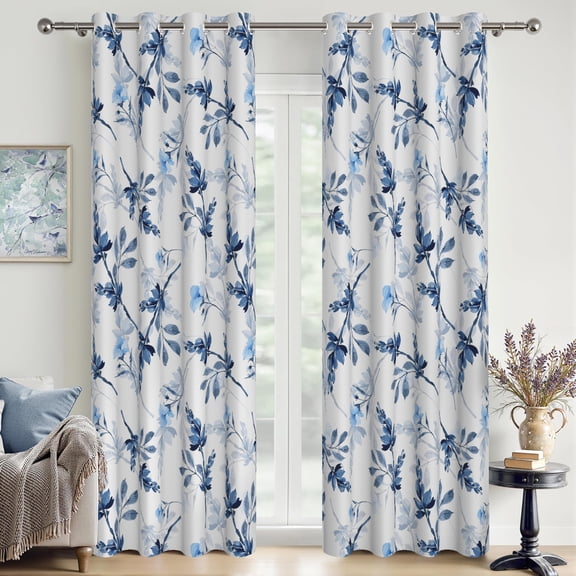 Vintage Blue Blackout Curtain Set of 2 Panels Retro Floral Print Thermal Insulated Window Drapes for Living Room,42x63 inch