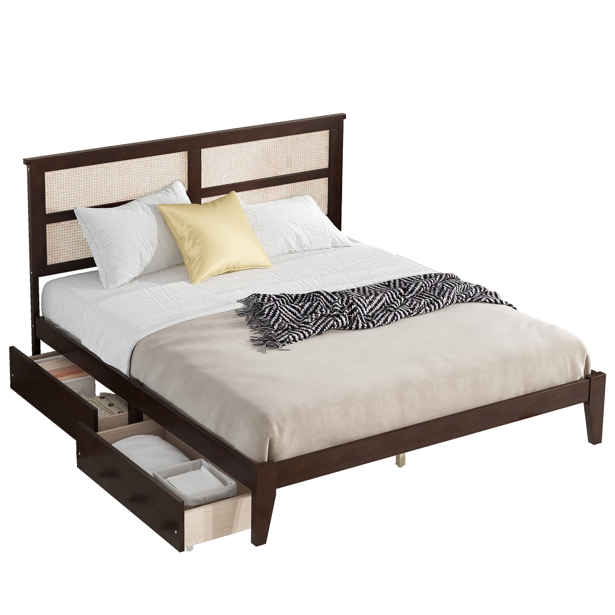 Leumius King Size Bed Frame with Rattan Headboard, Two Storage Drawers, Rubber Wood Bed with Enhanced Support Slats and Feet for Teens and Adults Espresso