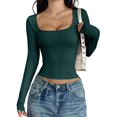 thumbnail image 2 of Chemises à Manches Longues pour Femmes Crop Tops Col Carré Sorties Basiques Tees Y2K Vêtements d'Hiver Vert Foncé m, 2 of 7