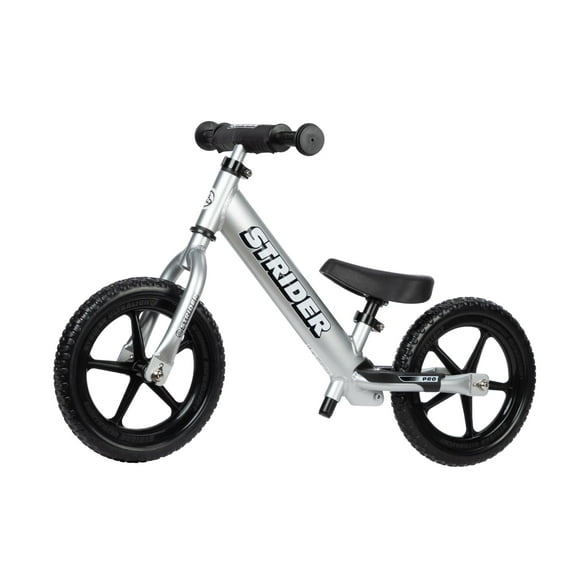 Strider 12” Pro Bike, Silver - No Pedal Balance Bicycle for Kids 1 to 4 Years - Includes Safety Pad, Padded Seat, Mini Grips & Flat-Free Tires - Tool Free