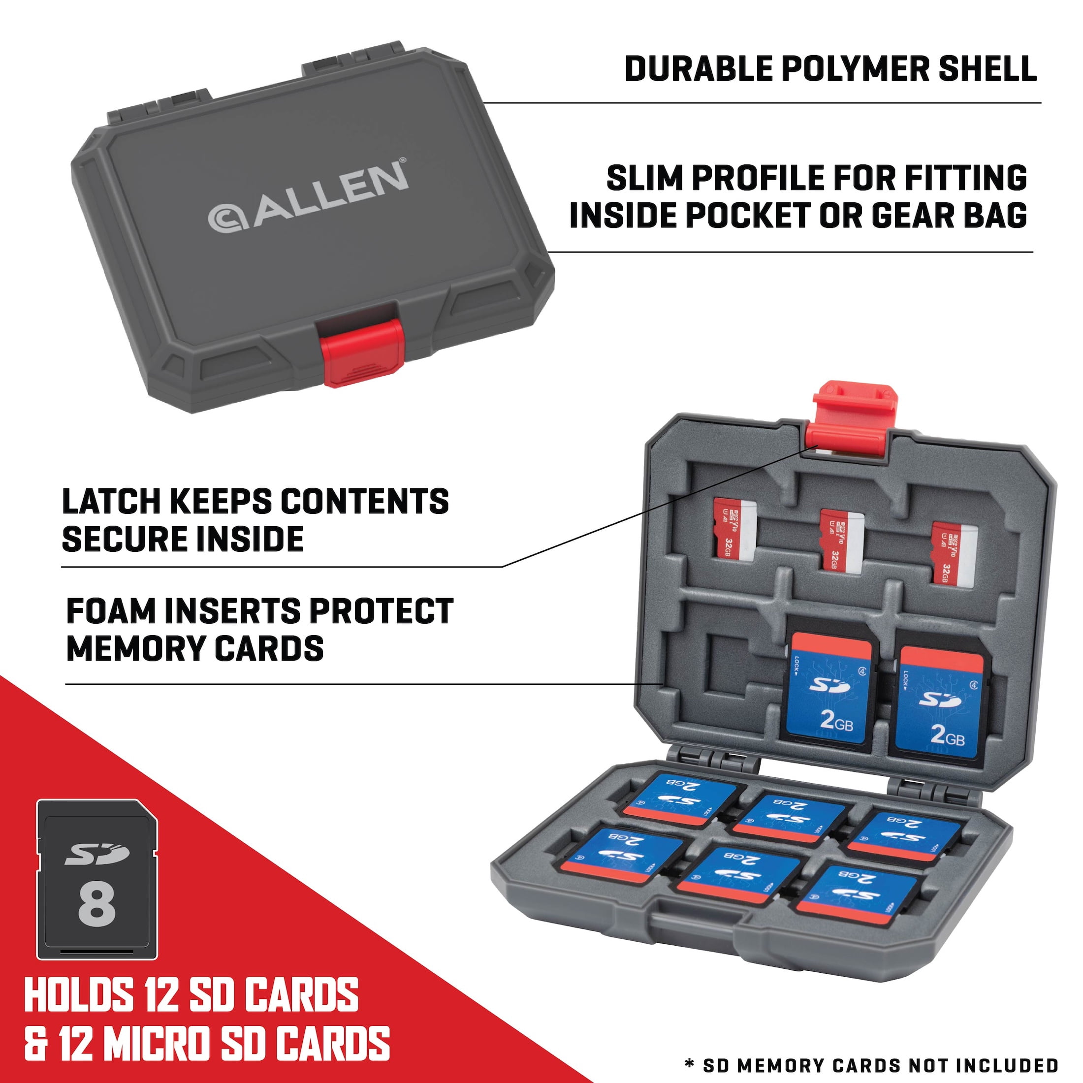 Allen Company SD Card Holder Case - Foam Protection 12 SD + 12 Micro SD - Black