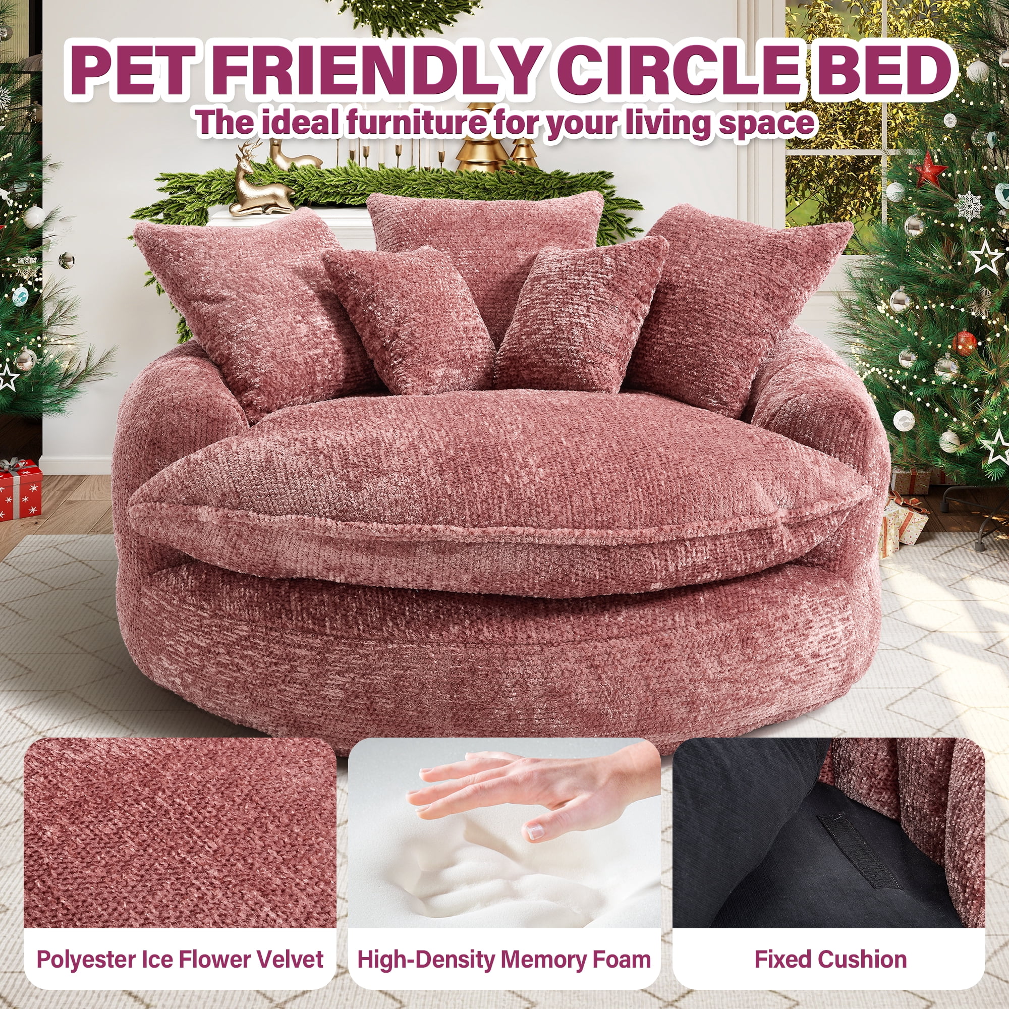 Aukfa 55" Oversized Round Chaise Lounge Chair, Fluffy Deep Seat Cloud Floor Sofa, Modern No Assembly Couch, Pink