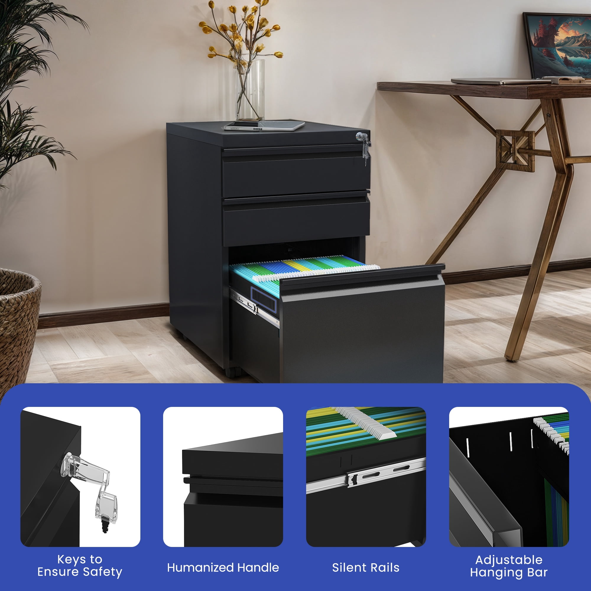 ModFusion 3-Drawer Metal File Cabinet Fits Letter, Legal, & A4, Black