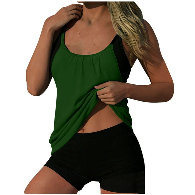 FAVIPT Womens Ruched Tankini Tummy Control 2 Piece Drawstring Bathing Suit Tropical Beach Comfy Swimwear 2026 Green,XL
