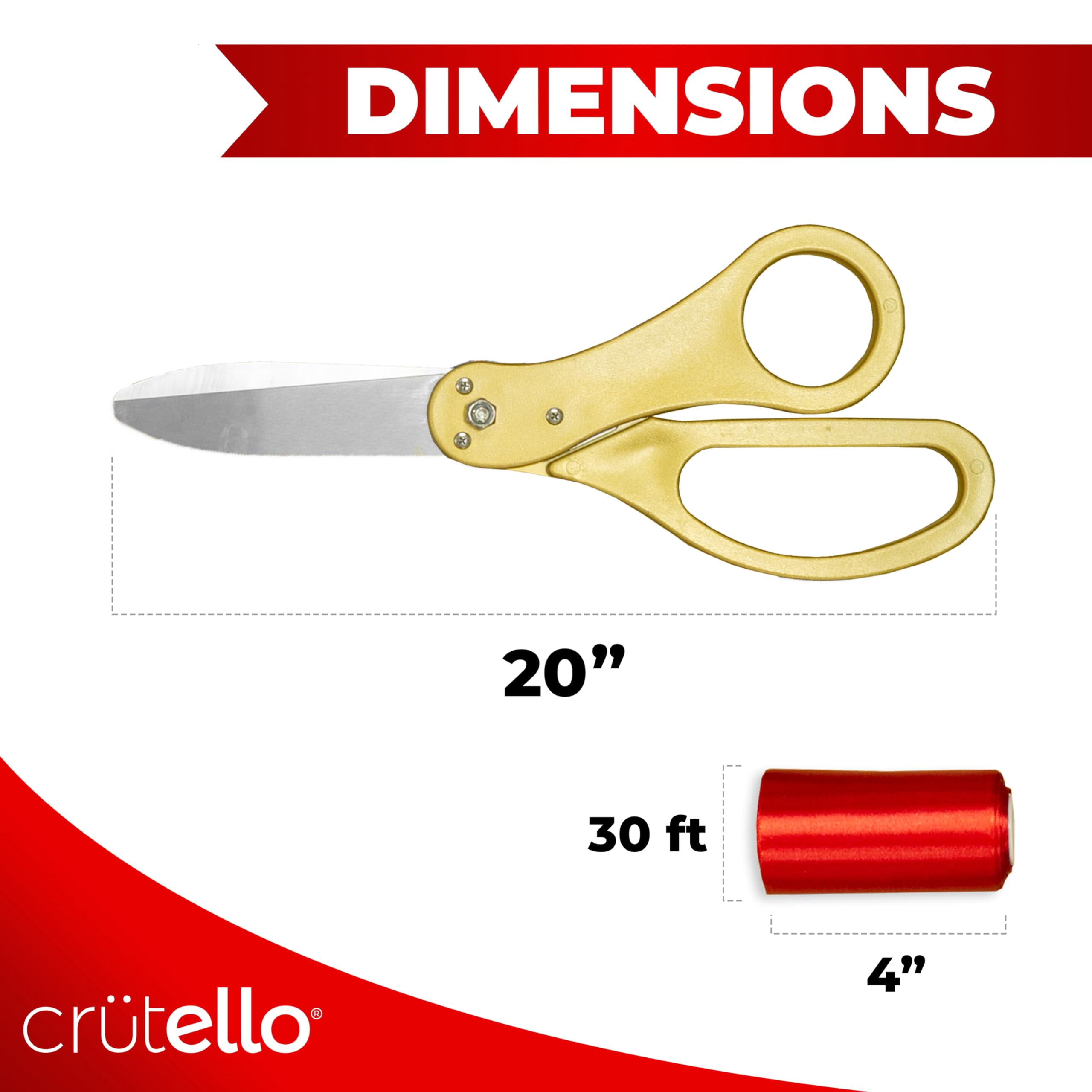 Crutello Giant Ribbon Cutting Ceremony Kit 20" Giant Scissor Set with Sharp, Gold Handled Durable XL Scissors, and 30 Feet of Oversized 4" Wide Red Ribbon