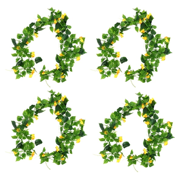 4 Pcs Silk Morning Glory Artificial Vines, 82.7 in / 210 cm Hanging Plants Garland for Spring Home Decor, Yellow Fake Flower Vines for Room Wall Decor, No Fading, No Watering